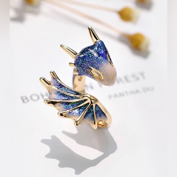 ✨3/$38 New Drip Glaze Glitter Blue Lucky Dragon Adjustable Statement Ring - Picture 2 of 14